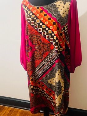 I.N. Studio Fuchsia Multi-Pattern Long Sleeve Shift Dress